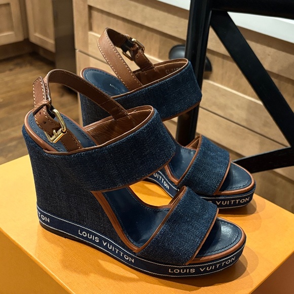 Louis Vuitton Denim Platform Wedge Sandals - Dark Blue with Brown Trim